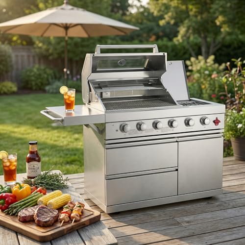 46" Outdoor Kitchen Island with Side Burner, 4-Burner 75,300 BTU Propane Gas BBQ Island with Rotisserie, Side Prep Shelf, Storage Drawers, LP/NG Convertible, for Backyard and Patio Cooking, Silver