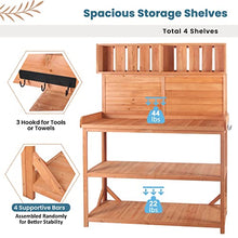 Roomfitters 65" Farmhouse Outdoor Potting Bench Table with 4 Storage Shelves and Side Hook, Natural