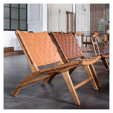 OUTIFUOSSR Nordic Solid Wood Single Leisure Chair Modern Simple Woven Lounge Outdoor Sofa Light Luxury Leather Saddle(Braided Rope)