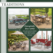 Hanover 5-Piece Traditions 48" Cast-Top Aluminum Patio Dining Set with Cushioned Chairs and Umbrella Stand Blue