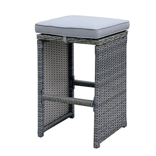 Benjara BM181095 Barstool 6 Piece Patio Bar Stool in Aluminum Wicker Frame and Padded Fabric Seat, Gray