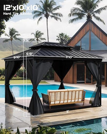 GarveeLife Hardtop Gazebo 10'x12' All Weather with Double Metal Roof, Aluminum Frame, Net & Curtain Gray