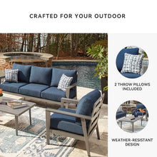 Signature Design by Ashley Gali Casual Nuvella Weather Resistant Fabric Outdoor Sofa/Chairs/Table Set with Cushion and Throw Pillows, Set of 4, Blue & Light Gray
