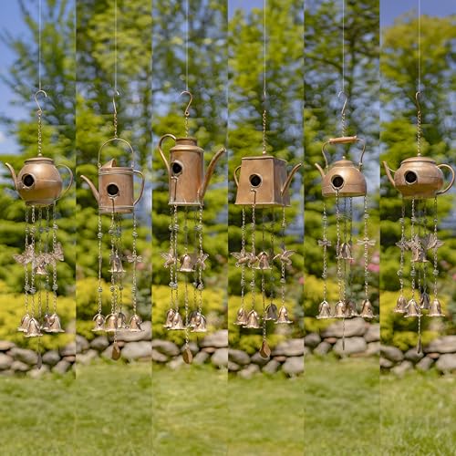 6 Assorted Style Hanging Iron Teapot Birdhouse Wind Chimes Darjeeling (Set of 6 (1 of Each))