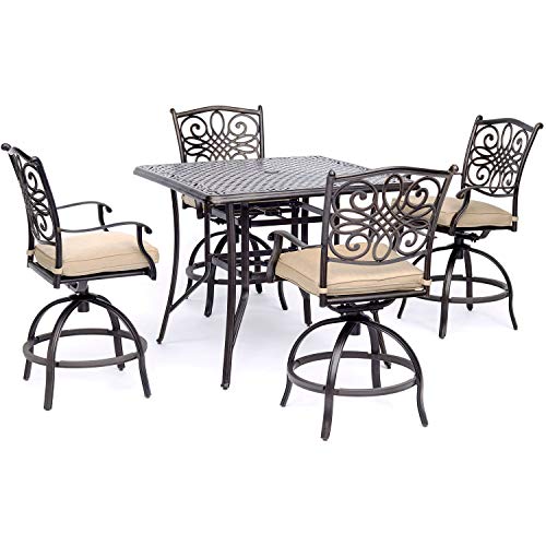 Hanover Traditions 5-Piece High-Dining Set with Cushioned Swivel Chairs and 42" Square Cast-Top Table Tan