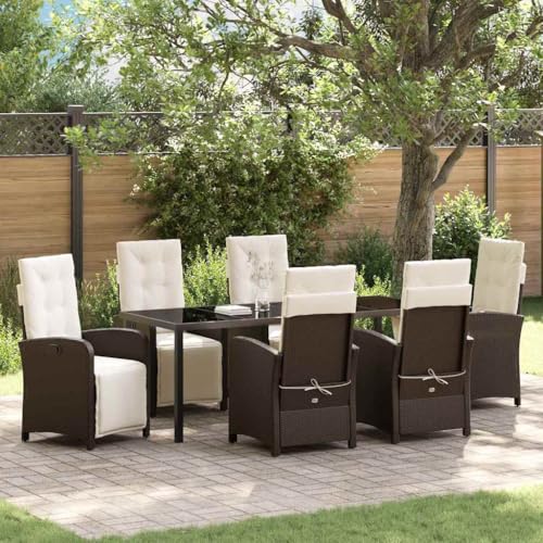 LKJVFCPW 7-Piece Garden Dining Set, Patio Rattan Furniture with Tempered Glass Table and 6 Chairs, Outdoor Seating for Backyard, Lawn, Brown