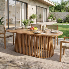 Christopher Knight Home Hizto Oval Outdoor Dining Table, Tapered Vertical Slatted Single Base, Slatted Design Acacia Wood Patio Dining Table, Solid Wood Outdoor Table for Garden Backyard, Light Teak