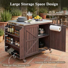 YATON Outdoor Grill Cart with Stainless Steel Top, Rolling Outdoor Kitchen Island with Storage Cabinet & 3-Tier Side Shelves, BBQ Prep Table on Wheels with Hooks for Patio Backyard,Brown