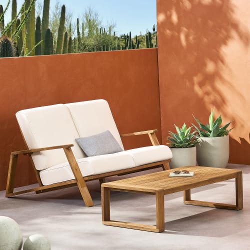 SRECELL Outdoor Loveseat Set with Coffee Table, Acacia Wood Patio Furniture Set with Cushions, Adirondack Style Backyard Conversation Set for Garden, Balcony, Outdoor Seating 2 Piece