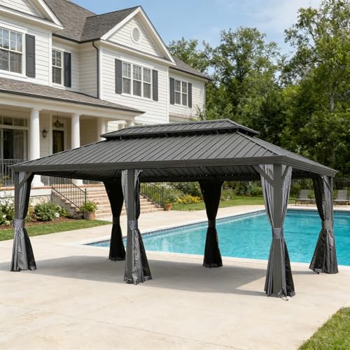 Outdoor Shelter, Hardtop Pergola with Ventilated Double Roof & Rain Drainage, Heavy-Duty Aluminum Frame, All-Weather Patio Canopy with Privacy Curtains & Screens, Grey