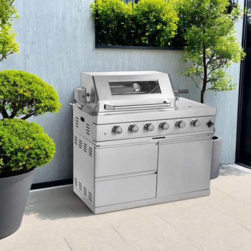 Deluxe Stainless Steel Propane Gas Grill, Outdoor BBQ Grill with Side Burner & Warming Rack, Multi-Burner Cooking Kitchen Islands with Storage Drawers for Backyard Patio Entertaining (Silver)