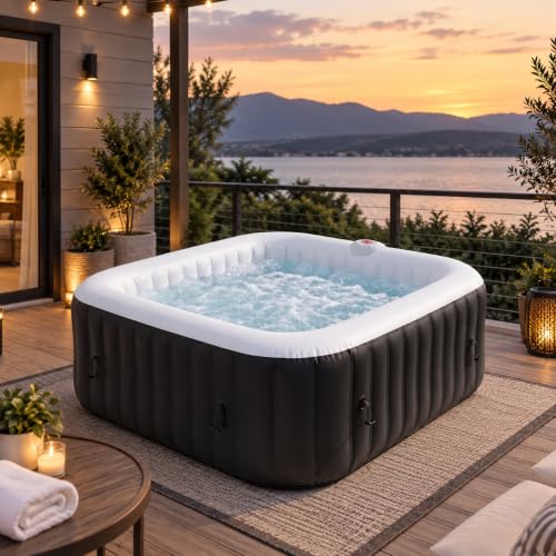 SunSwell 73" Inflatable Hot Tub 4-6 Person, Square Outdoor Spa, Black