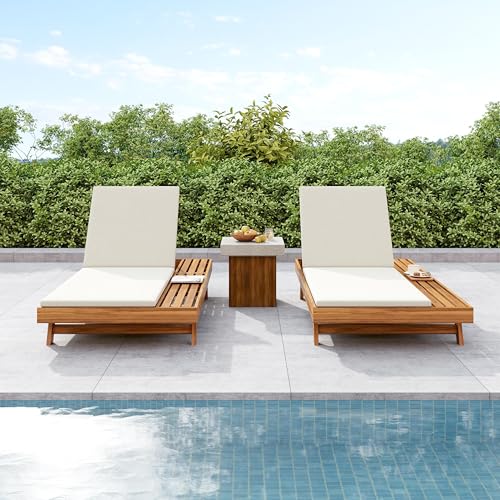 Christopher Knight Home Kayes Acacia Wood Chaise Lounge Chair Outdoor Set of 2, Poolside Sun Lounger Recliner, Patio Outdoor Chaise Lounge with 2'' Cushion, Teak+Cream