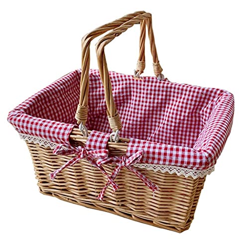 GAAHRQQQ Picnic Basket Woven tural Wicker Basket with Double Handles and Cloth Lining for Food Sundry Container Fruit Storage Small