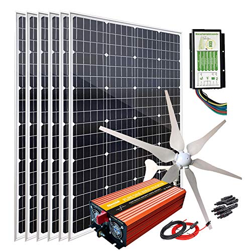 1120W Solar Wind Hybrid System with 400W Wind Turbine Generator 24V + 6pcs 120W Mono Solar Panel + 2000W Peak 4000W Power Inverter + Hybrid Charge Controller