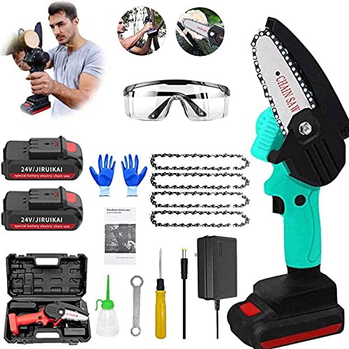 Mini Chainsaw Rechargeable Wood Cutting Lithium Chainsaw Portable Electric 24V 4 Inch Mini Chain Saw Handheld Cordless Chainsaw with 2 Battery and Charger (Green)