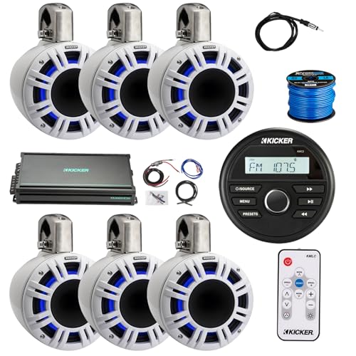 KICKER Marine Gauge Style Bluetooth AM/FM Receiver with 6-Channel Amplifier & 6X 6.5" 300W Multicolor LED Tower Speakers (White)