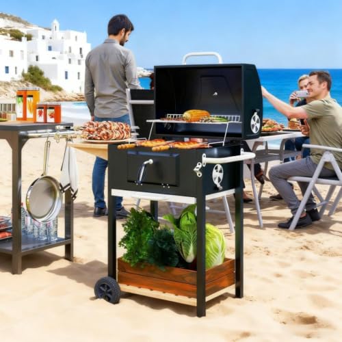 Portable Charcoal Grill with Foldable Side Table and Storage Shelf, Compact BBQ Grill with Wheels and Thermometer, Outdoor Cooking Grill for Backyard Patio Camping Tailgating (Black1)