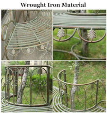 ENWINDXS Garden Tree Bench with Backrest, Metal Outdoor Furniture Decoration for Front Door/Backyard/Patio, Retro Style Iron Half-Round Benches