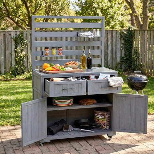 Roomfitters 64.9" Garden Potting Bench with Stainless Steel Top, Rolling Outdoor BBQ Prep Station, Storage Hutch, Drawers, Gray