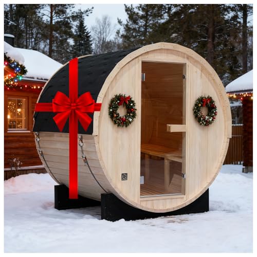 Amocane Customize Outdoor Barrel Steam Sauna Rooms, 2-10 Person Canadian Traditional Wood Steam Saunas with 220V Electric Stove, Wood Burning Stove Tempered Glass Sauna Kits, Backrest Headrest(0-195℉)