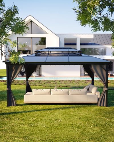GAOMON Hardtop Gazebo 10'x13' with Double Polycarbonate Roof and Aluminum Alloy Frame Gray