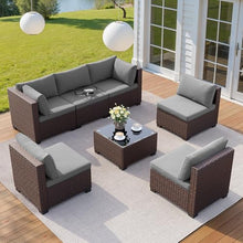 Qsun 7 Pieces Outdoor Patio Furniture Set, PE Rattan Outdoor Wicker Sectional Furniture Sofa Set, with Cushions and Glass Coffee Table, for Balcony, Porch, Garden, Grey