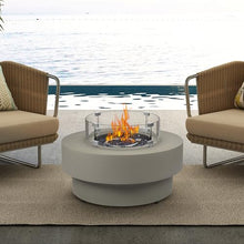 Propane Outdoor Fire Pit Table with Wind Glass Shield, Flint & Concrete Look 32-inch Round Patio Gas Fire Table 50,000 BTU w/Lid, Fire Glass, Cover, Pre-Attached 10ft Propane Hose