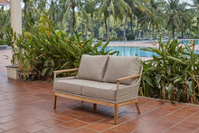 Winston August Loveseat Natural Teak Wood Driftwood Grid Weave Sunbrella Cast Ash