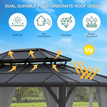 Agrestem 10X13 FT Outdoor Polycarbonate Hardtop Gazebo with Netting and Sunshade Curtains, Grey