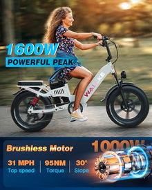 W Wallke Electric Bike for Adults 48V 40Ah 1600W/2800W Peak Dual Motor Fast Long Range Ebike 20 inch Fat Tire Full Suspension Electric Bicycle 31/34MPH Step Thru E-bike APP Control UL2849 Certified White