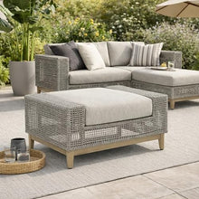 Benzara Yami Outdoor Ottoman, 35 Inch, Gray Woven Resin Wicker, Cushioned Seat