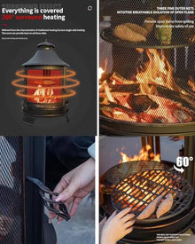 HajMyrdonyx Fire Pit with Grill, 2 in 1 Firepit with Adjustable Grill Tray & Mesh Screen Door, 3-Door Multi-Access Fireplace for Garden Backyard Courtyard BBQ
