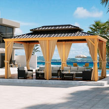 GAOMON 12x20ft Hardtop Gazebo with Netting and Curtains Wood Grain