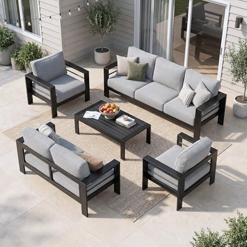 Solaste Aluminum Patio Furniture Set for All Weather, Oversized Metal Outdoor Furniture with 27.5" Deep Seating and 3.2" Wide Armrest, Patio Conversation Set with 10’’ Back Cushion, Black and Grey