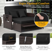 LDAILY Moccha Outdoor Daybed, Wicker Loveseat Sofa Set with 4-Postion Adjustable Backrest, Storage Ottoman, Cushions, Rattan Double Bed Lounger, Patio Furniture Set (Black)