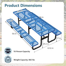 INZOKK 96" Heavy Duty Metal Picnic Table for Outdoor Dining with Umbrella Hole, Galvanized Steel Rustproof Frame, Mesh Top for Garden, Patio, Camping & Picnic, Blue