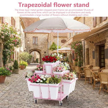 Flower Display Stand with 18 Buckets Rolling Flower Display Rack with Wheels & Umbrella for Patio Garden Shop Wedding Party