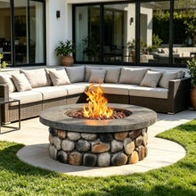 Afterglow 36" Outdoor Propane Fire Pit Table for Patio Garden Backyard Outside Porch, Round Rustic Stacked Stone Firepit Table with Lid, Cover & Lava Rocks, 50000 BTU, CSA Certificated, Round Pebbles