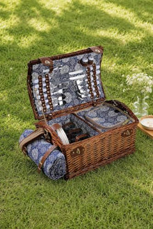 Handmade Wicker Picnic Basket Set for 4 People with Gingham Pattern, Wood, Insulated Compartment, Includes Cutlery, Plates, Glasses, and Water-Resistant Blanket - Brown and Blue