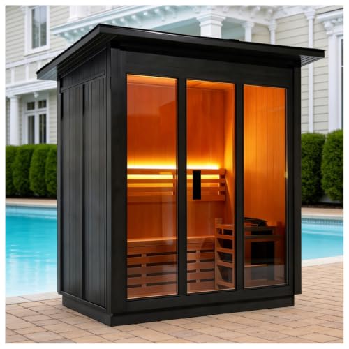 amocane Outdoor Steam Sauna 3 Person, Canadian Hemlock Sauna Room with 6KW ETL Toule Heater, Traditional Backyard Sauna Spa with Asphalt Shingles, Luxury Sauna Accessories for Home & Garden