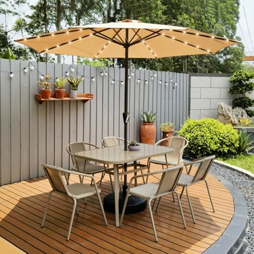Dalumian Outdoor Garden Furniture Sets, 8-Piece Outdoor Dining Set for 6 with Led, Patio Dining Set with 270CM Umbrella, 6 Chairs & Rectangular Dining Table with Glass Tabletop(Set A)