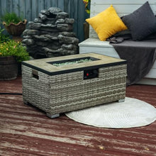 32 Inch Rectangular Propane Fire Pit Table with Wicker Base and Ceramic Top for Outdoor Patio Garden Use - Dark Gray (Beige + Ceramic Tile+Iron + Rattan+Metal + Rattan)