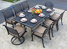 Patio Land Nassau Outdoor Cast Aluminum 9-Piece Dining Set with 46x86 Rectangular Table (8 Swivel Rockers, Sunbrella-Linen-Sesame)