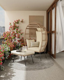 GarveeLife Oversize Wicker Egg Chair with Ottoman, Egg Basket Lounge Chair with Thick Cushion, Comfy Egg Rattan Seat for Indoor Outdoor Patio Porch Backyard, Beige