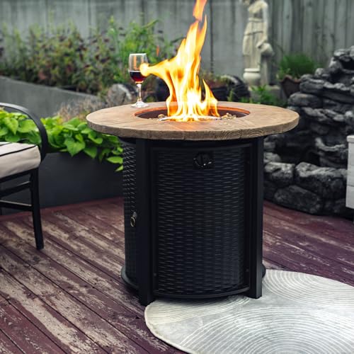 KEIKI 30 Inch Round Gas Fire Pit Table, Propane Outdoor Fireplace with Faux Wood Grain Top, Steel Patio Heater for Backyard