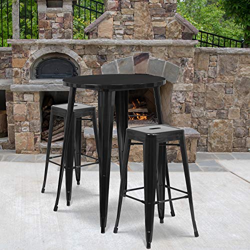 BizChair Commercial 30" Round Black Metal Bar Table Set-2 Square Seat Backless Stools