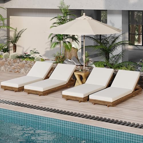 Christopher Knight Home Habers Acacia Wood Chaise Lounge Chair Outdoor Set of 4, Adjustable Backrest Sun Lounger Recliner, Patio Outdoor Chaise Lounge with 4" Thick Water-Resistant Cushion,Teak+Cream