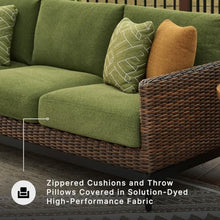 Signature Design by Ashley Horizon Hall Casual Outdoor Sofa with Cushions, Rust-Resistant Aluminum Frame, Handwoven Resin Wicker 3-Seat Patio Couch for Deck or Sunroom, Green & Dark Brown, 88" W