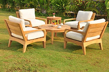 WholesaleTeak Noida 6 Pc Lounge Chair Set: 4 Lounge Chairs, 42" Round Coffee Table & Round Side Table with Cushions in Sunbrella Fabric #57003 Canvas White #12NO6